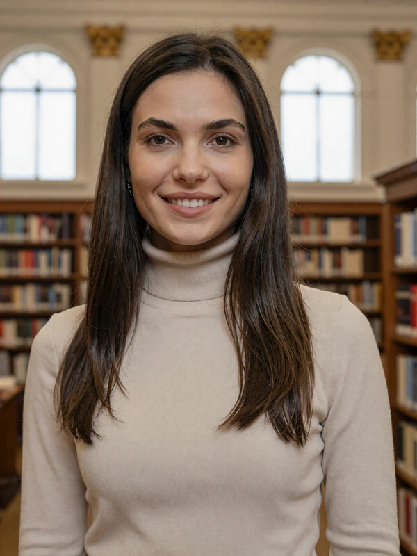 Eszter, 28-year-old Hungarian woman from Budapest with warm smile in library setting