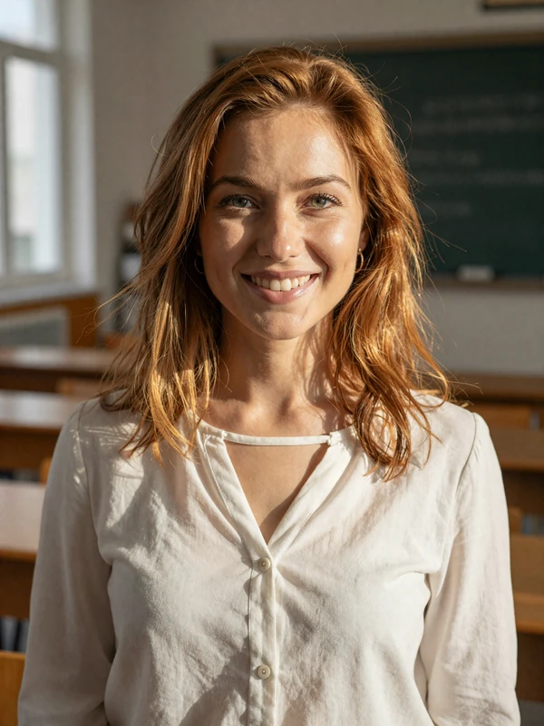 Réka, 26-year-old Hungarian teacher from Debrecen with bright smile in classroom