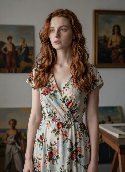 Alina, 26-year-old Moldovan artist with auburn hair in vintage floral dress